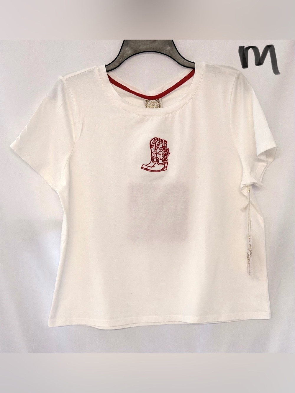 Women's White Short Sleeve Tee with Red Embroidered Boot - Unbranded